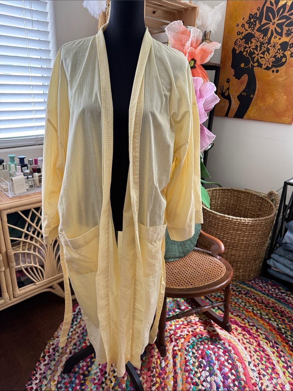 Izod Yellow Gingham Plaid Belted Garden Cottage Breezy Coastal House Lounge Robe